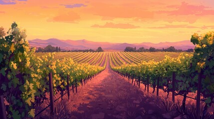 Naklejka premium Tranquil Vineyard Landscape at Sunset with Rows of Grape Vines Under Soft Pink Sky