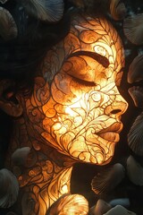 Illuminated face, intricate design, shell accents.