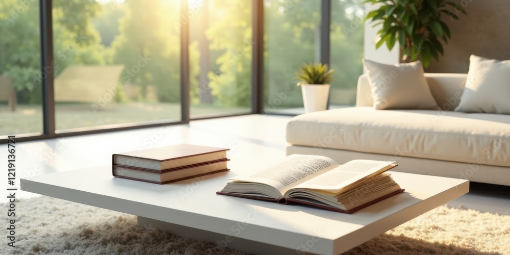 Poster serene living room with open book and stacked volumes on modern coffee table basking in sunlight str