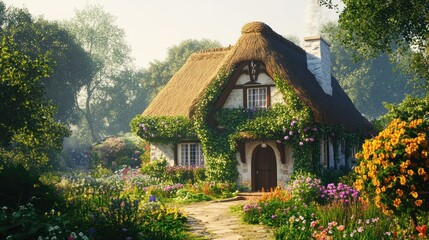 Thatched Cottage, Sunny Garden, Forest Background, Idyllic Home
