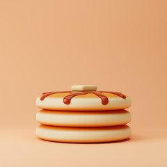 Pancakes with maple syrup and butter isolated over orange background. 3D rendering.