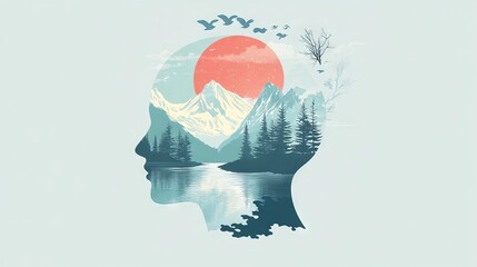 Nature's reflection in the serene silhouette of a person surrounded by mountains, forests, and a bright sun