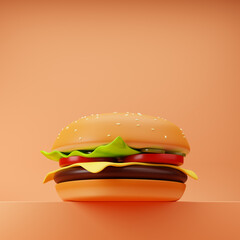 Cheeseburger standing on a podium isolated over orange background. 3d rendering.