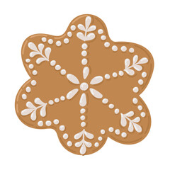 Snowflake shaped gingerbread cookie decorated with intricate white icing patterns, perfect for festive and holiday themes. Vector hand drawn drawing isolated on white background