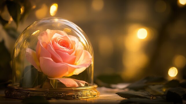Pink rose flower displayed in a glass dome with a wooden base on a white background - Powered by Adobe