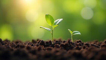Fototapeta premium Young Plants Growing in Rich Soil Under Sunlight