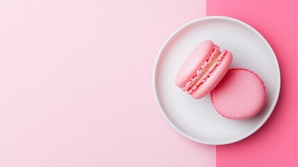 Obraz premium Delicate Pink Macarons on White Plate, Pastel Food Photography Background
