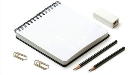 Naklejka premium A collection of stationery including paper clips, a notebook, and a pencil sharpener on a white isolated background