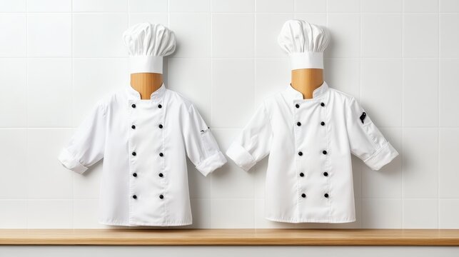This image displays two stylish chef outfits hanging against a pristine white wall, showcasing the artistry and professionalism found in the culinary world.