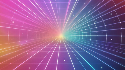 Futuristic Neon Grid Tunnel with Colorful Lights and Stars