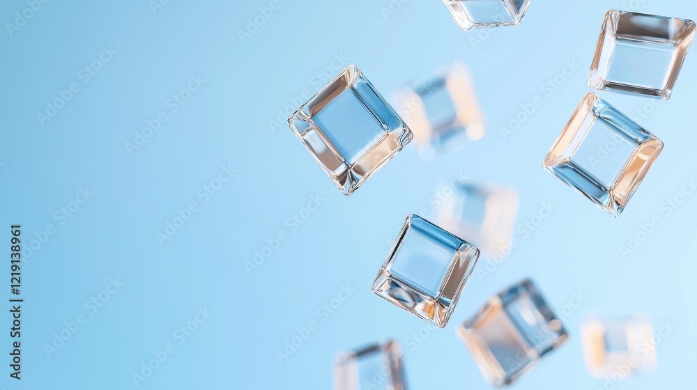 Poster abstract translucent cubes floating in space with soft blue background for modern art and design con