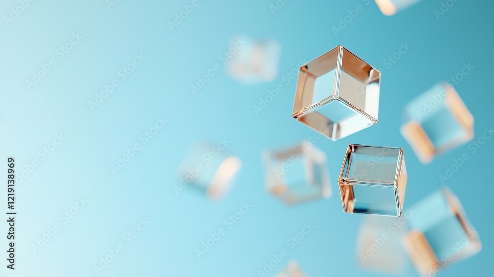 Poster abstract composition of translucent cubes floating in a soft blue space with a gentle gradient effec