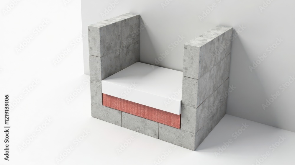 Poster abstract composition of concrete blocks and a white platform with a red base