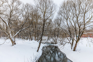 Park near The Intercession women's Orthodox Khotkov monastery, through which there was a passage to the Trinity-Sergius Lavra in Khotkovo, Moscow Region, Russia