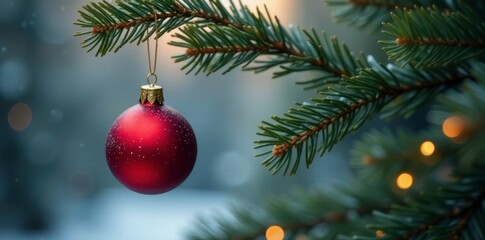 A single red bauble on a white string hangs from a branch of fir tree, fir, winter, festive