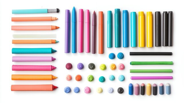 A collection of classroom essentials including markers, notebooks, and chalk on a white isolated background