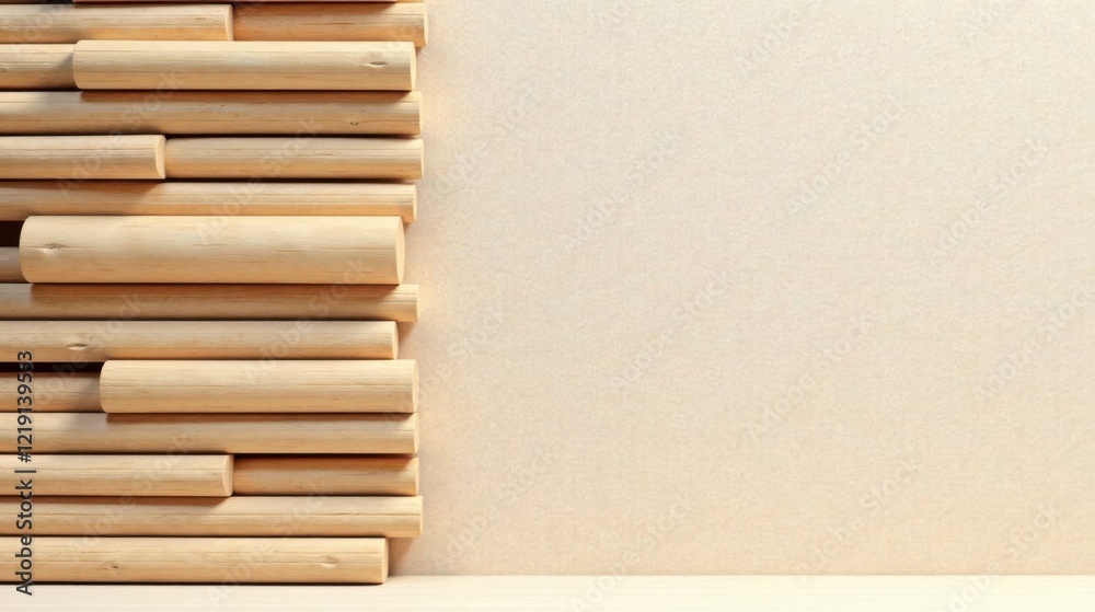 Leinwandbilder stacked cylindrical wooden elements against a light beige backdrop, offering a minimalist and versat