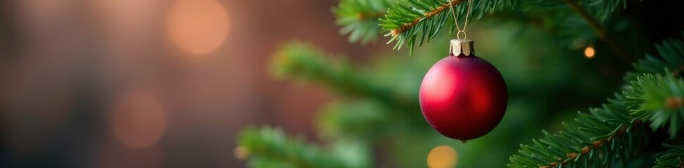 Fototapeta premium A single red bauble on a white string hangs from a branch of fir tree, red, fir