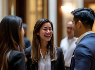 At a trade show, a young woman confidently interacts with colleagues, excited to enhance her communication and networking skills.
