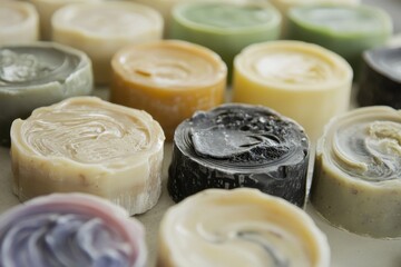 A colorful array of handmade soap rounds, showcasing various swirled patterns and natural colors that highlight their artisanal quality.