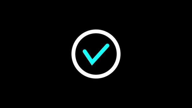 Check mark symbol in circle isolated on black background. Video elements approved, success, done, completed, finished, yes icon signs animation. Positive tick mark icon animation background.