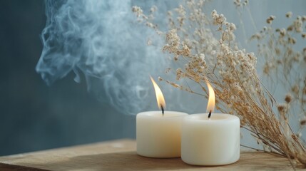 Two white candles with burning flames on a wooden table against a grey wall background. Close-up of two white decorative candles and dry flowers for a wedding ceremony's decor.