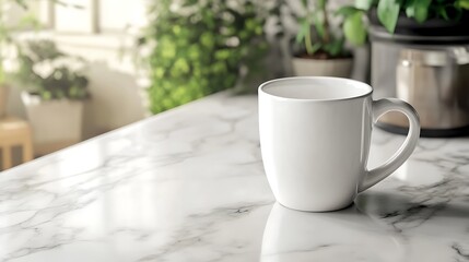 Obraz premium Mock up of clean white coffee mug on marble countertop in bright kitchen environment for screen display