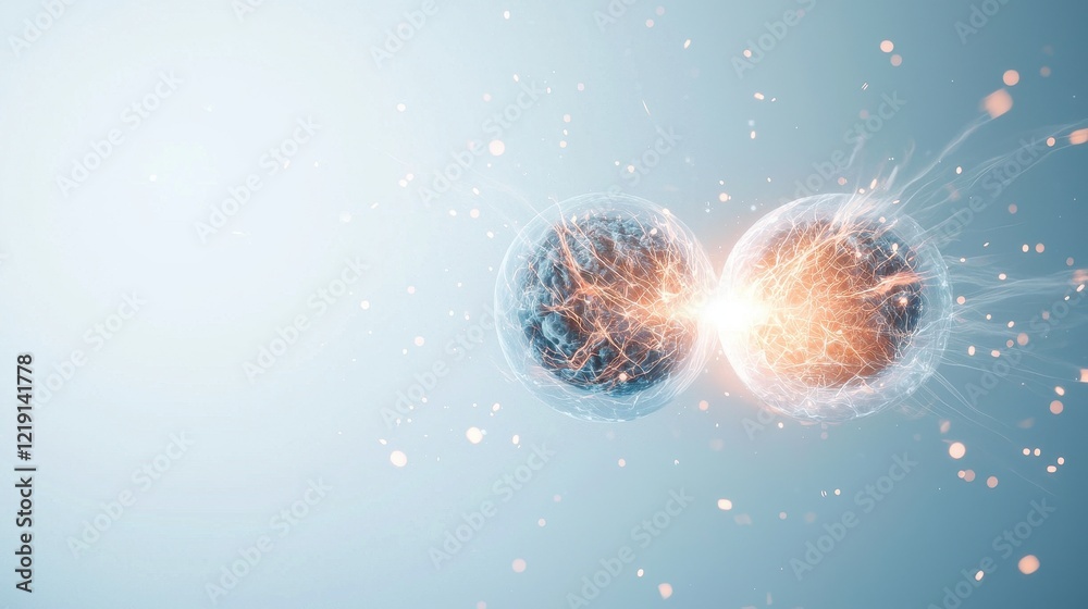 Poster energetic collision of orbs illustrating dynamic interactions and concepts of energy transfer in a s