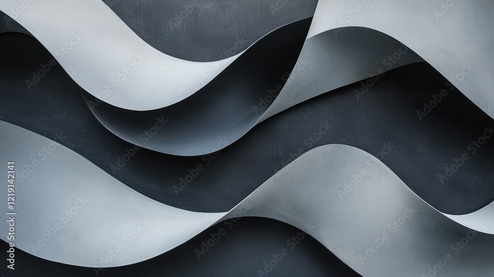 Poster interlocked curvilinear shapes in gray tones creating fluid movement and depth in abstract backgroun