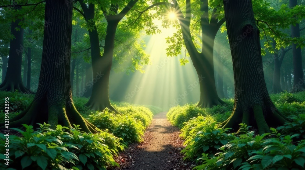 Poster Sunlit Path Through a Mystical Forest of Ancient Trees and Lush Undergrowth