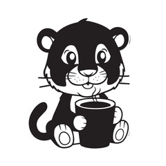 A cute cartoon illustration of a happy baby panda bear enjoying a cup of tea, isolated on white background