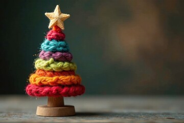 Handcrafted yarn Christmas tree with multicolored felt star decoration on a wooden base, holiday, ornaments