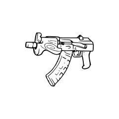 a black and white drawing of a assault rifle isolated on white