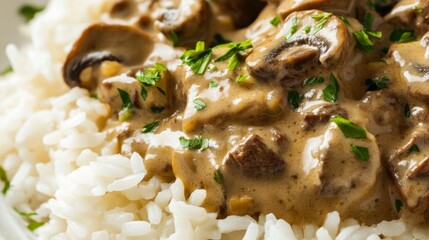 Close-up of rice with rich beef stroganoff. Featuring tender beef in a creamy mushroom sauce, served over rice. Emphasizing a rich, comforting dish. Ideal for stroganoff recipes.