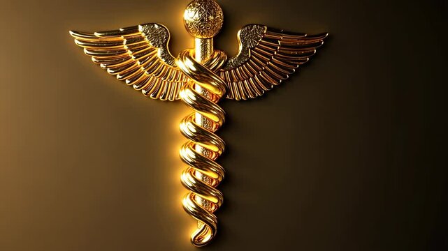 Golden caduceus symbol with wings representing medicine and healing on a dark background