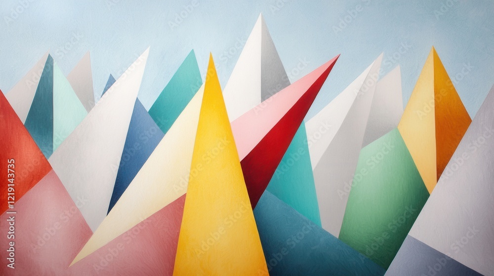 Poster colorful abstract composition of jagged triangular forms in contrasting hues and dynamic shapes