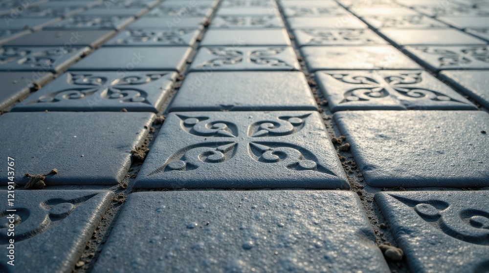 Fototapete a perspective view of patterned paving stones, showcasing intricate embossed designs on each tile, c