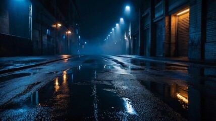 Dark street, wet asphalt, reflections of rays in the water. Abstract dark blue background, smoke, smog. Empty dark scene, neon light, spotlights. Concrete floor