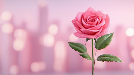 Elegant Pink Rose with Dew Drops against Softly Blurred Background of Warm Lights