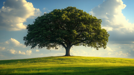 Fototapeta premium A lone tree stands in a golden field under a cloudy sky