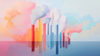 Fototapeta premium Abstract Multi-Layered Landscape with Merging Colors and Factory Silhouettes in Soft Pastel Tones