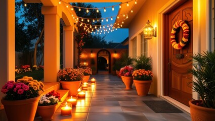 Cozy autumn entryway, jack-o-lanterns, warm lighting, Halloween decorations, string lights, potted mums, terracotta pots, inviting doorway, pumpkin spice aesthetic, fall foliage, seasonal decor, carve