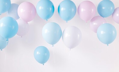 Pastel balloons, soft colors, baby blue and pink, floating gently, white background, dreamy atmosphere, celebration, party decor, light and airy, ethereal mood, delicate shadows, minimalist compositio