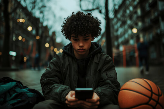 Teenage Boy Focused on Smartphone in Urban Setting