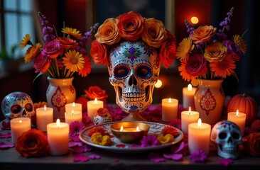 Colorful day of the dead altar with sugar skulls and vibrant flowers