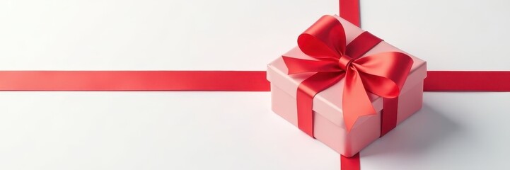 Fototapeta premium Elegant red ribbon tied gift box, white background, silk, christmas