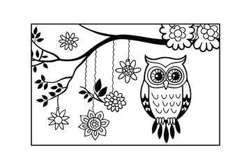 Whimsical Owl Illustration with Hanging Flowers, Line art and Outlines Black and White Coloring page vector Art illustration.