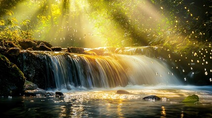 Pure water flows over smooth rocks in a crystal-clear river, with light dappling through the trees and reflecting on the surface, surrounded by mist and tiny, sparkling droplets in the air.
