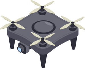 Illustration of a sleek quadcopter drone featuring four propellers and an integrated camera. The design highlights advanced technology and innovation in aerial photography and surveillance