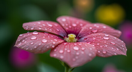  Fresh droplets of dew adorn a lively flower in the garden.